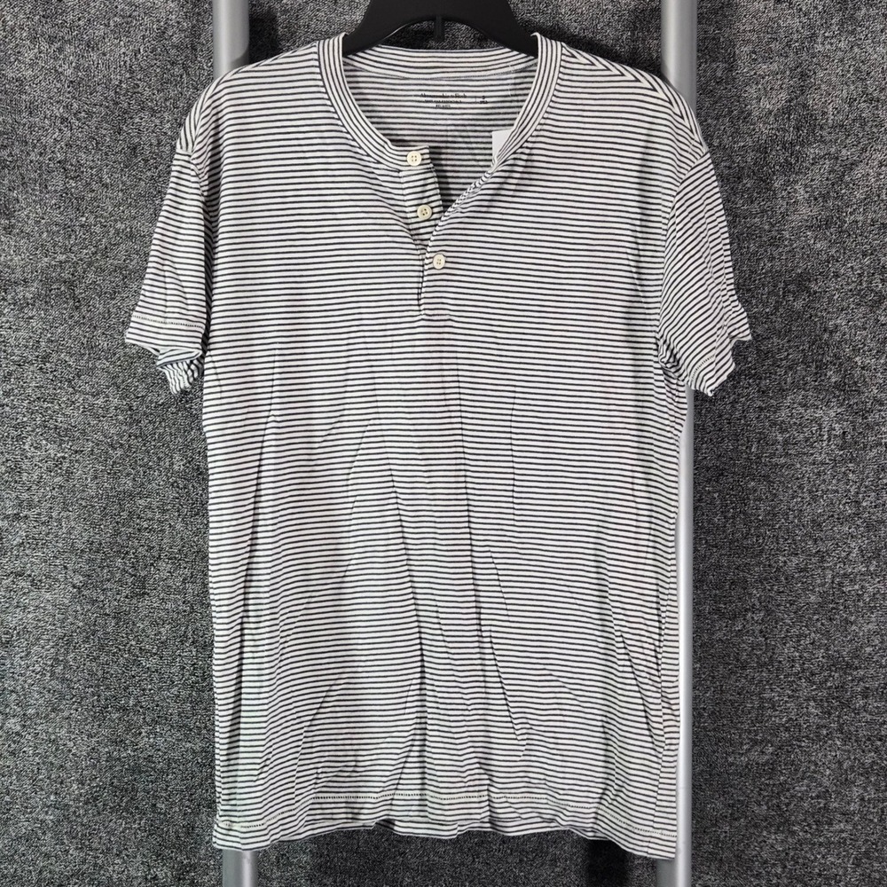 Abercrombie & Fitch Mens Small Relaxed Henley Striped T-Shirt Navy White Cotton